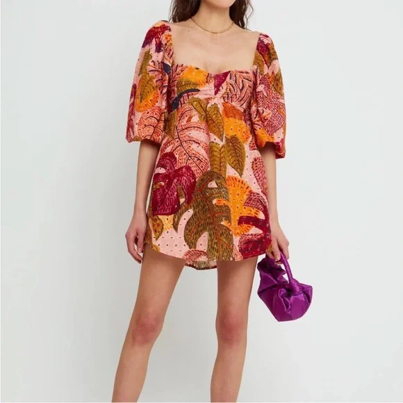 Anthropologie Kourt “Robbie” Cotton Eyelet Mini Dress, Tropical Palm Print - Picture 12 of 12